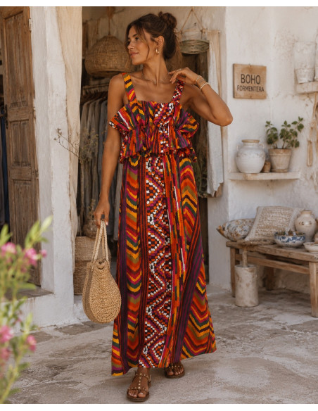 Vestido Largo Estampado  con Volante rojos