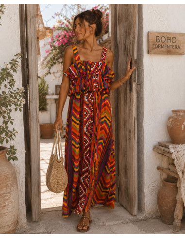 Vestido Largo Estampado  con Volante rojos