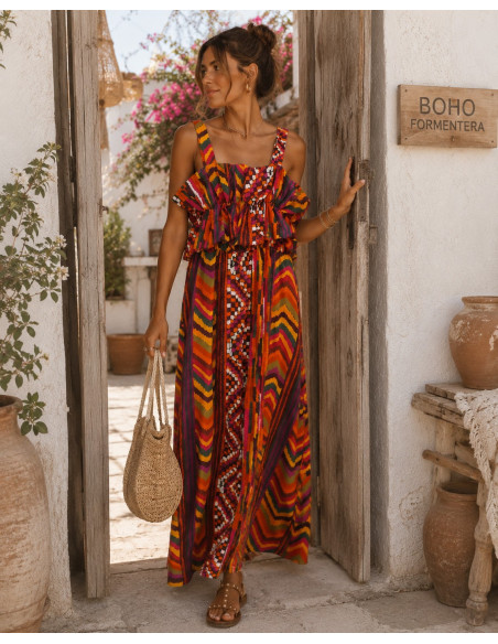 Vestido Largo Estampado  con Volante rojos