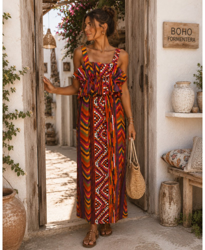 Vestido Largo Estampado  con Volante rojos 2