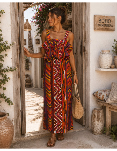 Vestido Largo Estampado  con Volante rojos