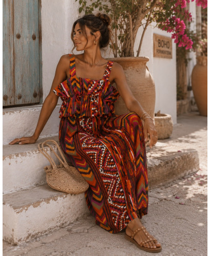 Vestido Largo Estampado  con Volante rojos
