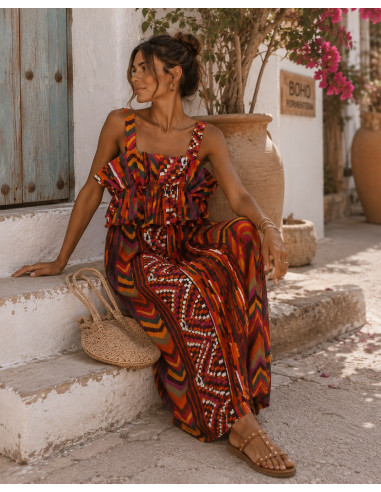 Vestido Largo Estampado  con Volante rojos