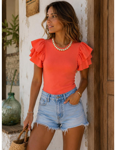 Camiseta Canalé Naranja con Volantes y Collar...