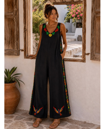 Mono de Bambula negro Bordado Multicolor con Bolsillos 2