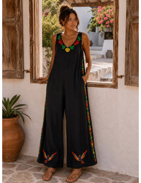 Mono de Bambula negro Bordado Multicolor con Bolsillos