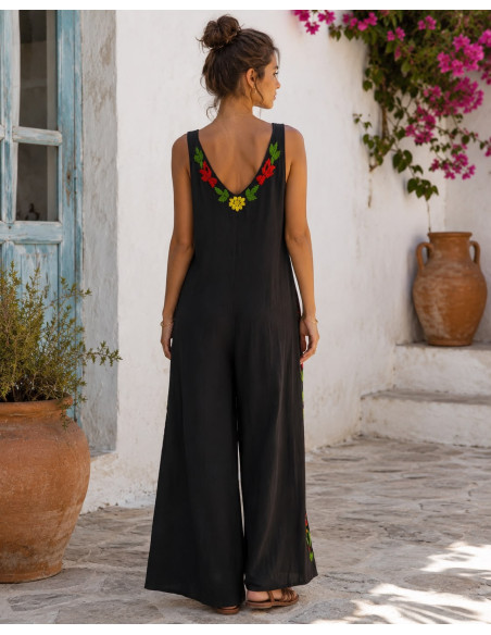 Mono de Bambula negro Bordado Multicolor con Bolsillos