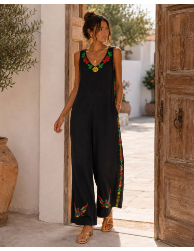 Mono de Bambula negro Bordado Multicolor con...
