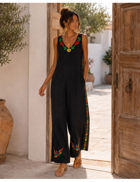 Mono de Bambula negro Bordado Multicolor con Bolsillos