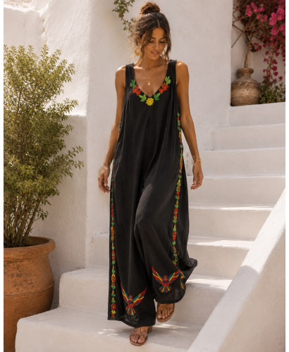 Mono de Bambula negro Bordado Multicolor con Bolsillos
