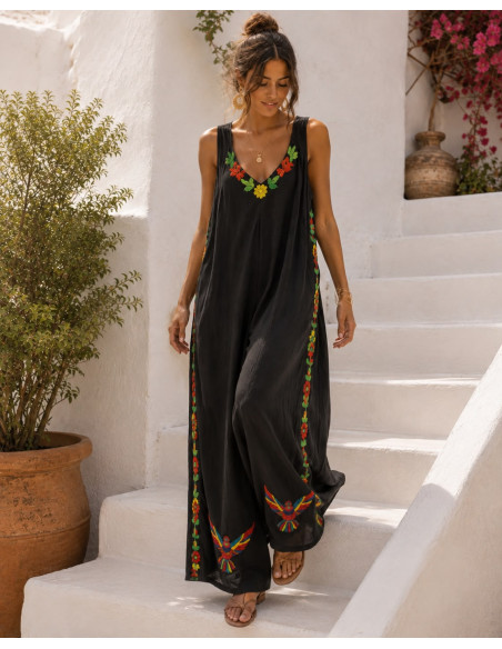 Mono de Bambula negro Bordado Multicolor con Bolsillos