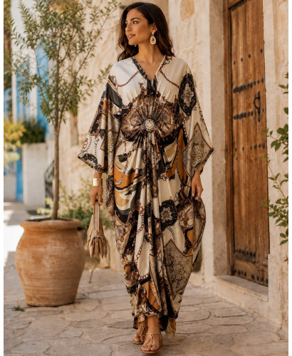 Vestido satén con broche central y estampado 2