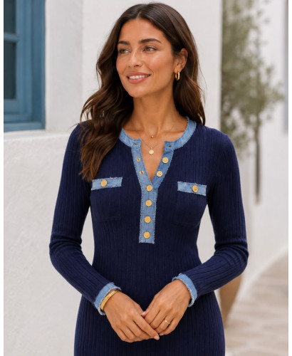 Vestido canalé azul marino con detalles denim 2
