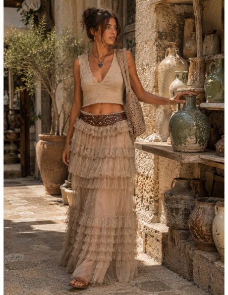 Falda de tul camel