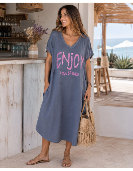 💙 Vestido Azul Efecto Lavado con Mensaje LOVE & PEACE