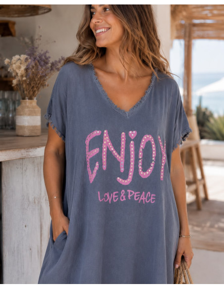 💙 Vestido Azul Efecto Lavado con Mensaje LOVE & PEACE