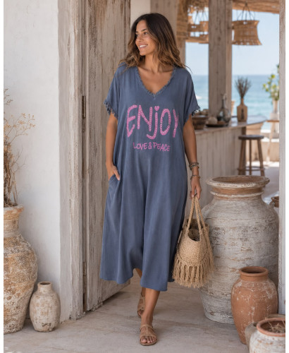 💙 Vestido Azul Efecto Lavado con Mensaje LOVE & PEACE