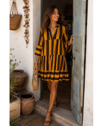 Vestido Babydoll Mostaza & Chocolate – Estampado de Rayas