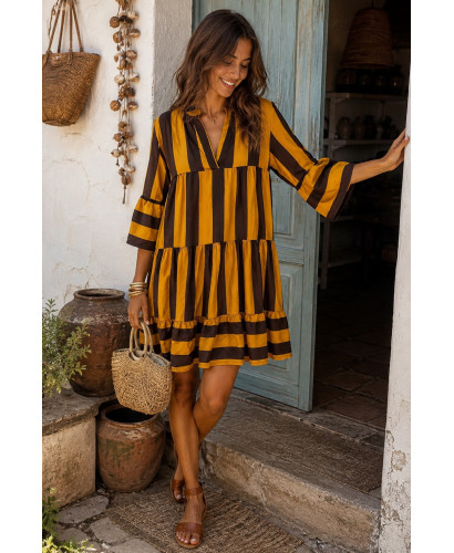 Vestido Babydoll Mostaza & Chocolate – Estampado de Rayas 2