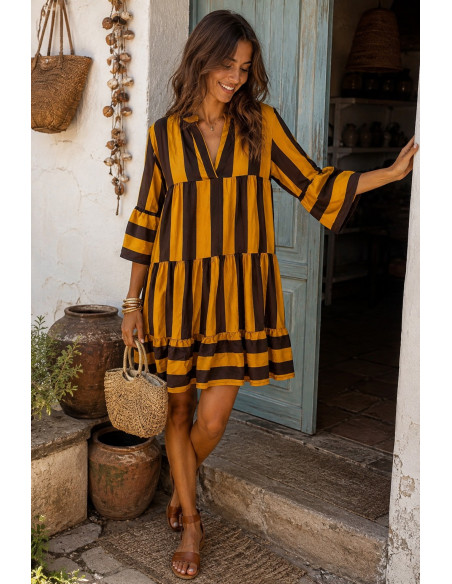 Vestido Babydoll Mostaza & Chocolate – Estampado de Rayas
