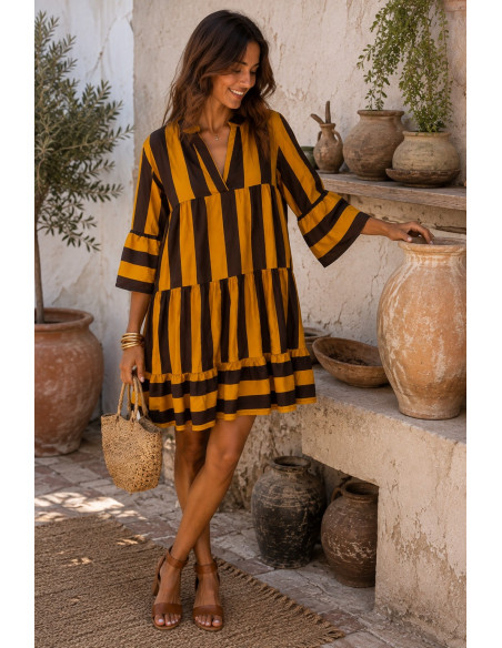 Vestido Babydoll Mostaza & Chocolate – Estampado de Rayas
