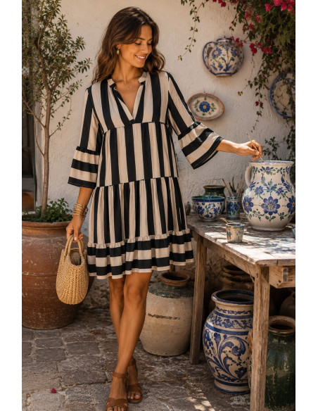 Vestido Babydoll negro & crudo– Estampado de Rayas