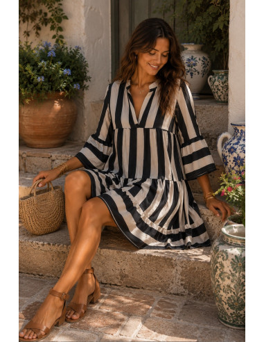 Vestido Babydoll negro & crudo– Estampado de Rayas