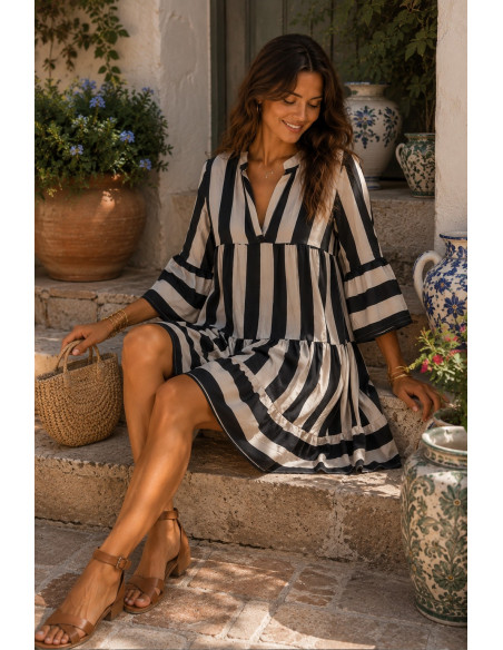 Vestido Babydoll negro & crudo– Estampado de Rayas