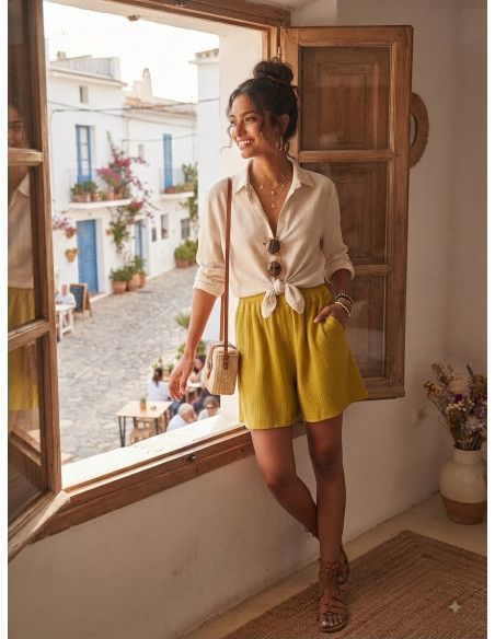 Pantalón Corto Bambula mostaza con Bolsillos
