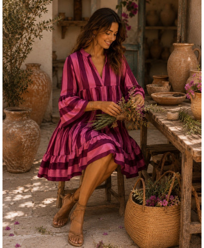 Vestido Babydoll granate & rosa– Estampado de Rayas 2