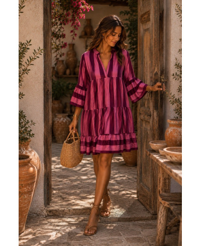 Vestido Babydoll granate & rosa– Estampado de Rayas