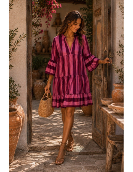 Vestido Babydoll granate & rosa– Estampado de Rayas