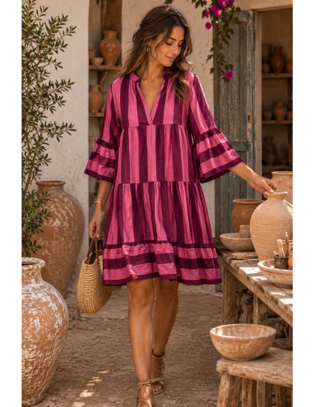 Vestido Babydoll granate & rosa– Estampado de Rayas