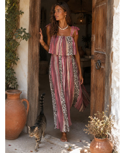 Vestido Combinado con Animal Print y Rayas en Tonos rosas