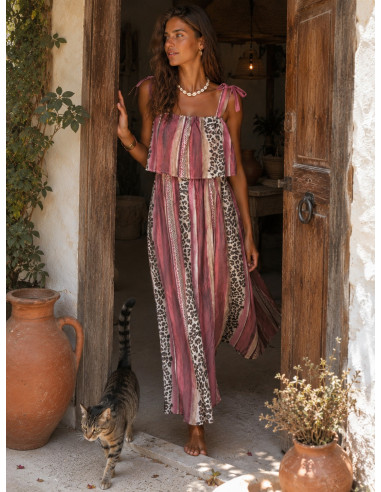 Vestido Combinado con Animal Print y Rayas en...