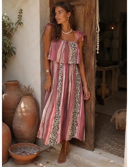 Vestido Combinado con Animal Print y Rayas en Tonos rosas