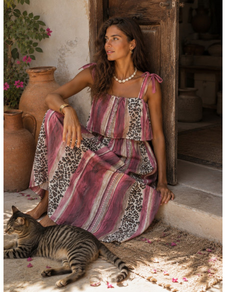Vestido Combinado con Animal Print y Rayas en Tonos rosas