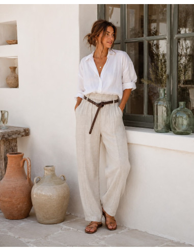 Pantalón de Lino crudo con Cinturón de Tachas y...