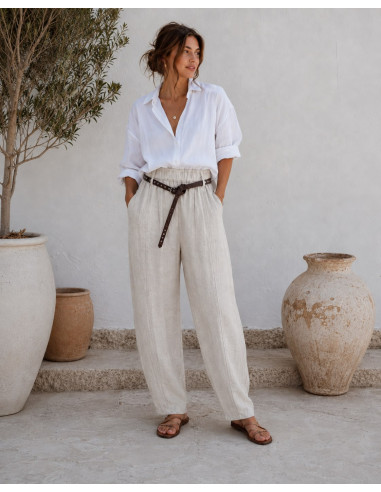 Pantalón de Lino crudo con Cinturón de Tachas y...