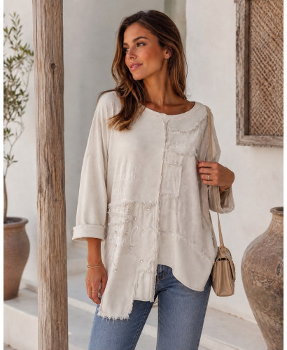 Camiseta taupe Efecto Lavado con Detalles Vaqueros y...
