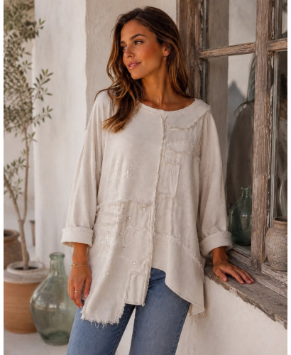 Camiseta taupe Efecto Lavado con Detalles Vaqueros y... 2