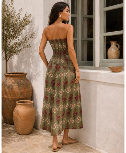 Vestido Palabra de Honor Verde Estampado con Lazada Frontal 2