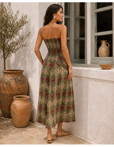 Vestido Palabra de Honor Verde Estampado con Lazada Frontal