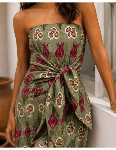 Vestido Palabra de Honor Verde Estampado con...