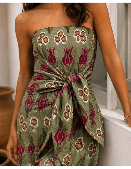Vestido Palabra de Honor Verde Estampado con Lazada Frontal