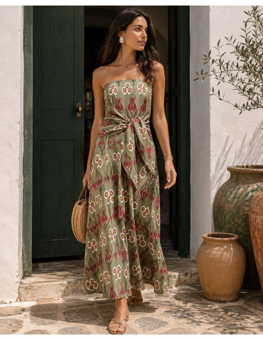 Vestido Palabra de Honor Verde Estampado con...