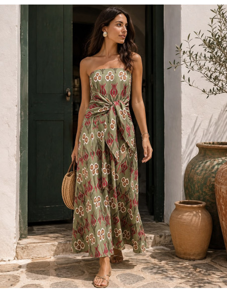 Vestido Palabra de Honor Verde Estampado con Lazada Frontal