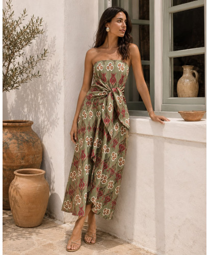 Vestido Palabra de Honor Verde Estampado con Lazada Frontal