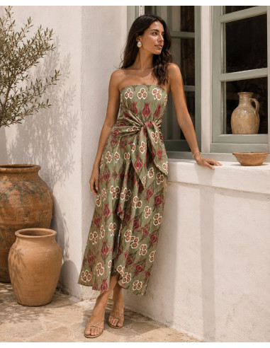 Vestido Palabra de Honor Verde Estampado con...