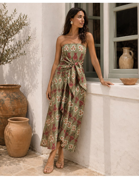 Vestido Palabra de Honor Verde Estampado con Lazada Frontal
